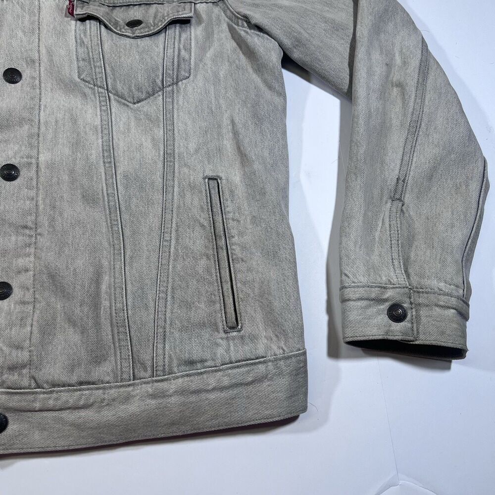 Levi's Flannel Lined Washed Gray Denim Trucker Jacket Sherpa Collar Women's Med - Picture 3 of 13